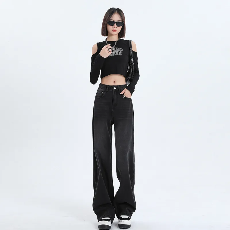 Women's Black & Gray High-Waisted Wide-Leg Jeans - Versatile Loose Drape Straight Pants for Spring/Summer, Retro American Style - Image 8