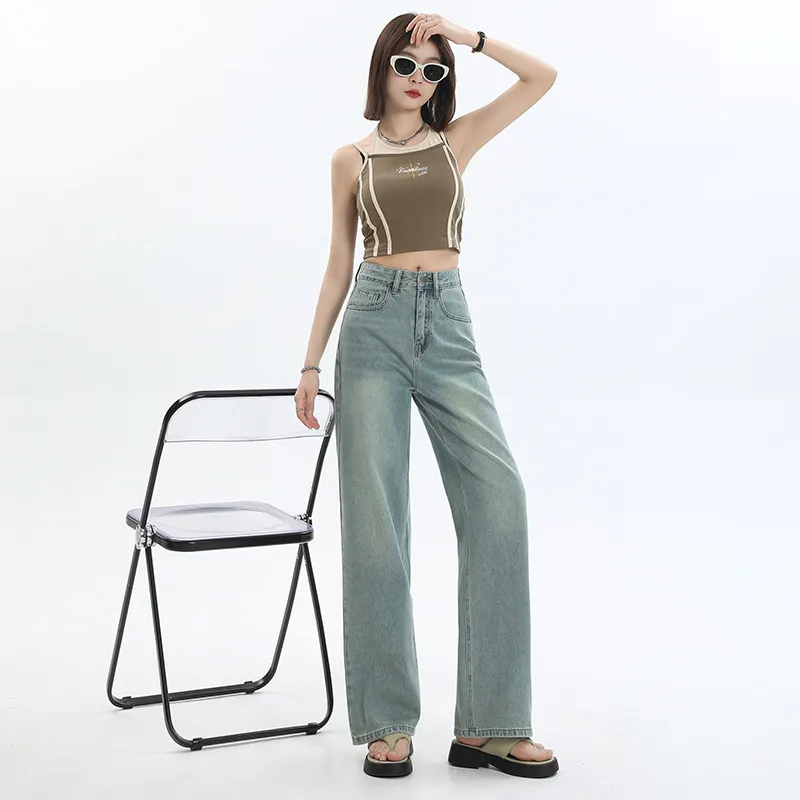 Women's Black & Gray High-Waisted Wide-Leg Jeans - Versatile Loose Drape Straight Pants for Spring/Summer, Retro American Style - Image 10