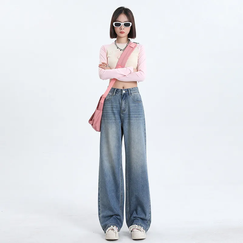 Women's Black & Gray High-Waisted Wide-Leg Jeans - Versatile Loose Drape Straight Pants for Spring/Summer, Retro American Style - Image 9