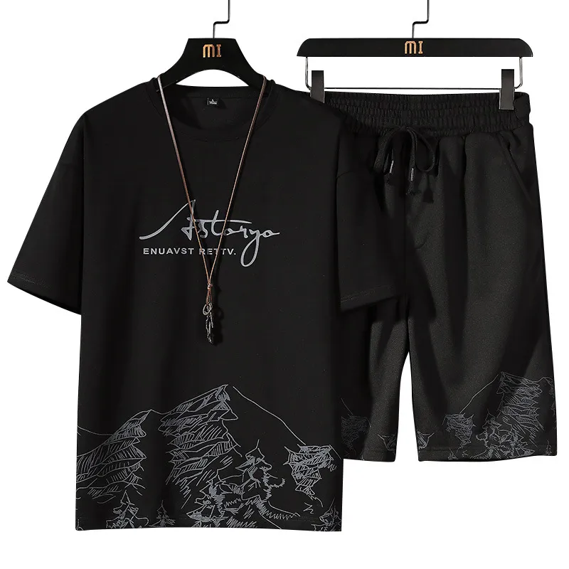 Men's Summer Snow Mountain Print Short-Sleeve T-Shirt & Shorts Set - Trendy Korean Style Slim Fit Two-Piece Sportswear for Casual Wear thumbnail 5