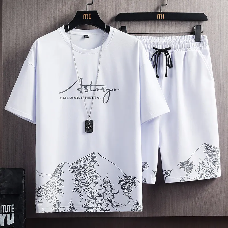 Men's Summer Snow Mountain Print Short-Sleeve T-Shirt & Shorts Set - Trendy Korean Style Slim Fit Two-Piece Sportswear for Casual Wear thumbnail 6