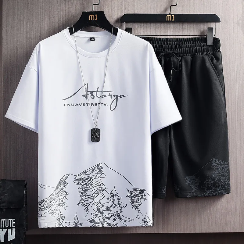 Men's Summer Snow Mountain Print Short-Sleeve T-Shirt & Shorts Set - Trendy Korean Style Slim Fit Two-Piece Sportswear for Casual Wear thumbnail 9