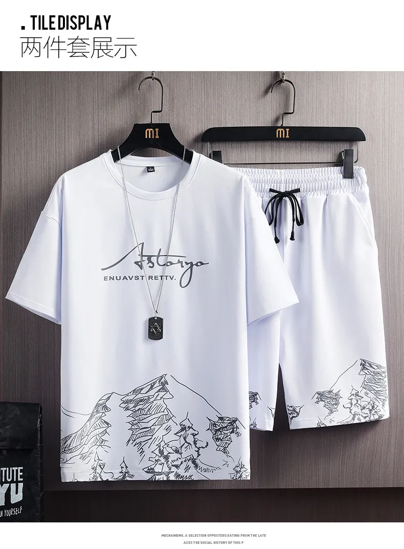 Men's Summer Snow Mountain Print Short-Sleeve T-Shirt & Shorts Set - Trendy Korean Style Slim Fit Two-Piece Sportswear for Casual Wear showcase 9