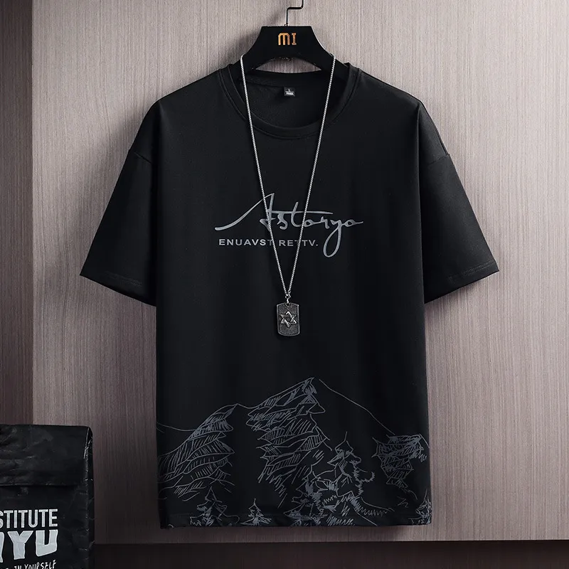 Men's Summer Snow Mountain Print Short-Sleeve T-Shirt & Shorts Set - Trendy Korean Style Slim Fit Two-Piece Sportswear for Casual Wear thumbnail 4