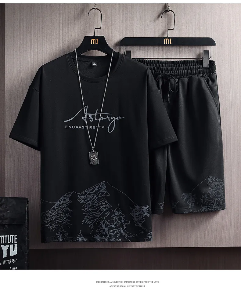 Men's Summer Snow Mountain Print Short-Sleeve T-Shirt & Shorts Set - Trendy Korean Style Slim Fit Two-Piece Sportswear for Casual Wear showcase 10