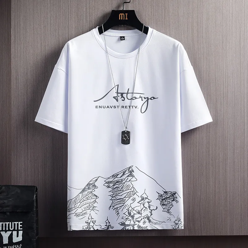 Men's Summer Snow Mountain Print Short-Sleeve T-Shirt & Shorts Set - Trendy Korean Style Slim Fit Two-Piece Sportswear for Casual Wear thumbnail 3