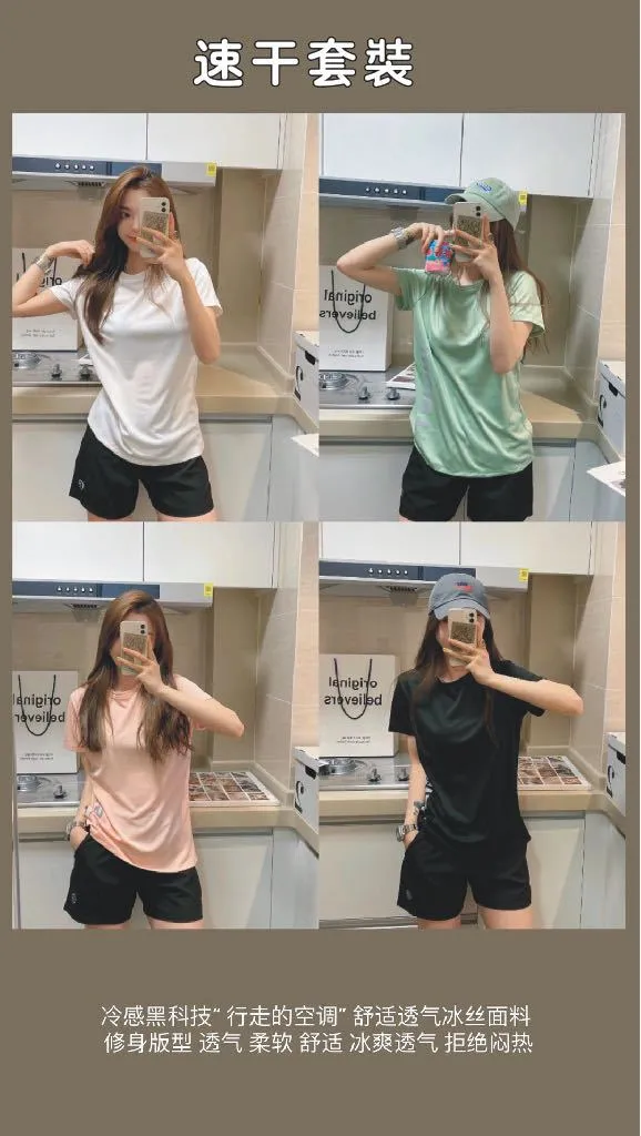 Women's Summer Outdoor Sports Suit - Breathable Quick-Drying Two-Piece Set with Short Sleeves and Shorts for Running & Fitness thumbnail 8