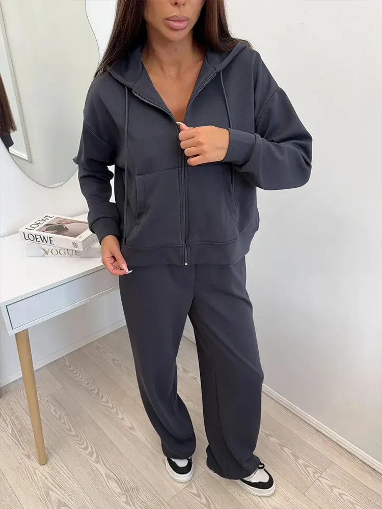 Men's Two-Piece Sportswear Set: Long-Sleeve Zipper Hoodie & Lace-Up Trousers, Comfortable Cotton Blend for Active Lifestyles showcase 6