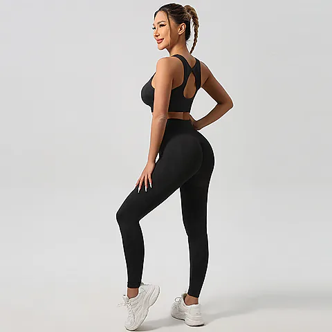 Women's Yoga Outfit Set: High Waist Trousers, Sports Vest & Underwear - Peach Hip Fitness Apparel for Gym & Exercise