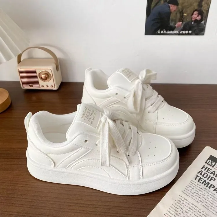 Women's Chic White Platform Leather Sneakers - Breathable Spring Fashion Student Sports Shoes - Image 3