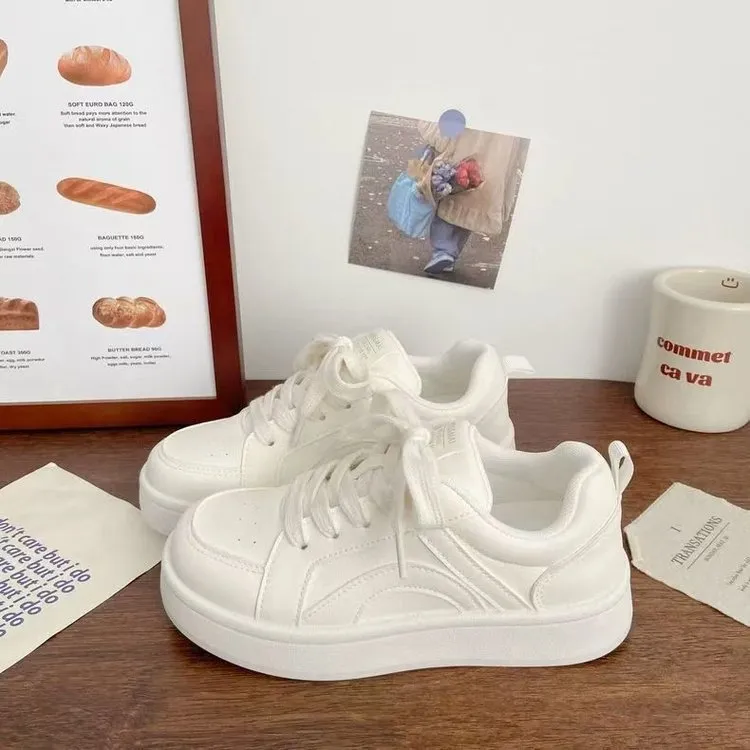 Women's Chic White Platform Leather Sneakers - Breathable Spring Fashion Student Sports Shoes - Image 1