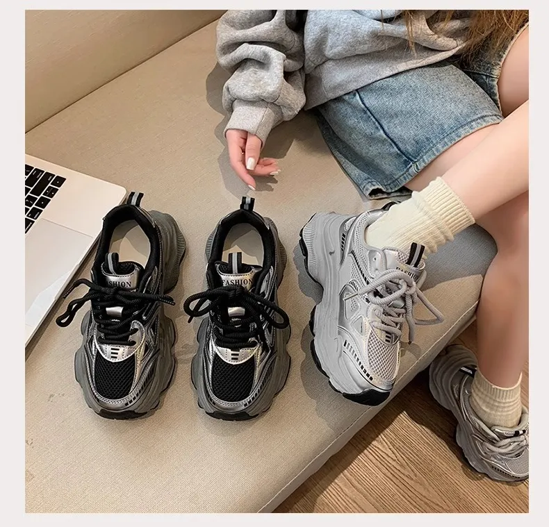 Black Dad Sneakers for Women - 2026 Spring New Model, Height-Increasing, Breathable Mesh, Lightweight Casual Sports Shoes for Versatile Style showcase 14