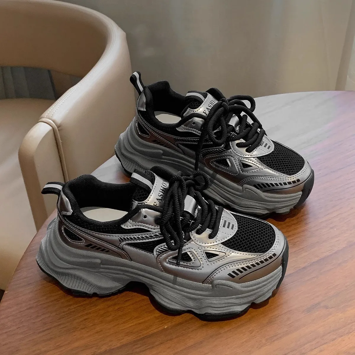 Black Dad Sneakers for Women - 2026 Spring New Model, Height-Increasing, Breathable Mesh, Lightweight Casual Sports Shoes for Versatile Style thumbnail 2