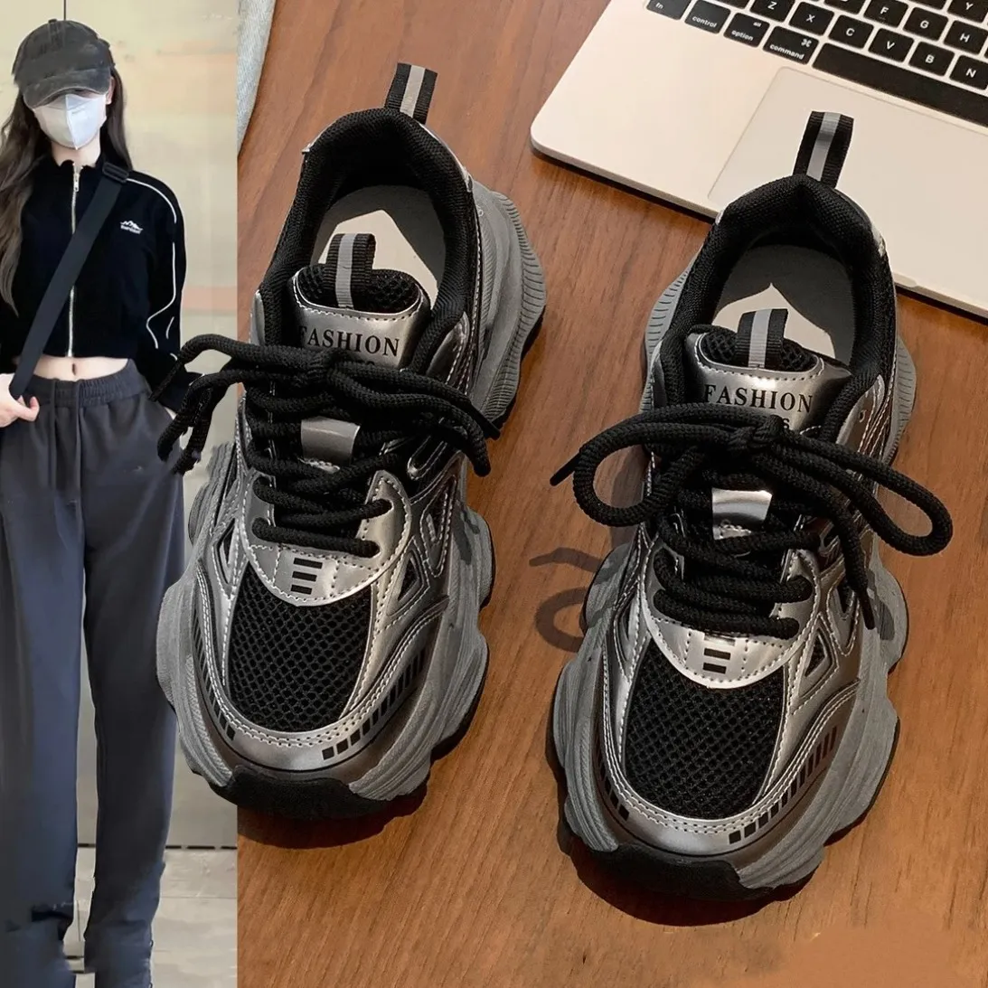 Black Dad Sneakers for Women - 2026 Spring New Model, Height-Increasing, Breathable Mesh, Lightweight Casual Sports Shoes for Versatile Style thumbnail 1