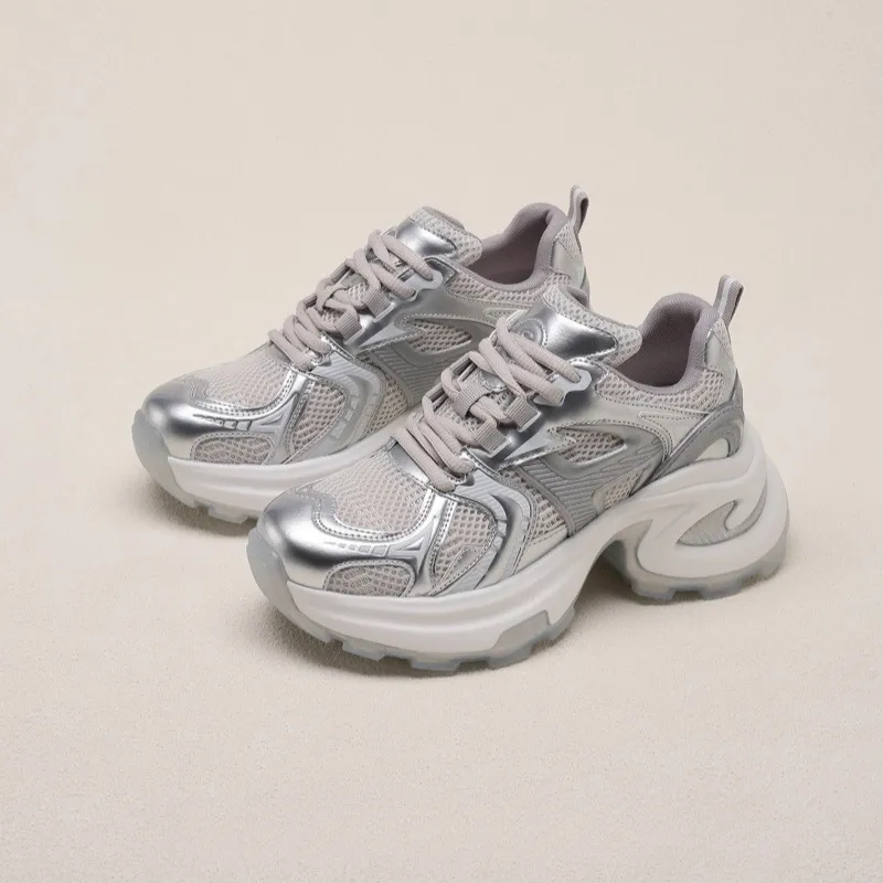 Women's Fashion Sneakers 2025 Spring New Mesh Breathable Casual Shoes with Soft Leather and Thick Bottom for Increased Comfort and Style thumbnail 1
