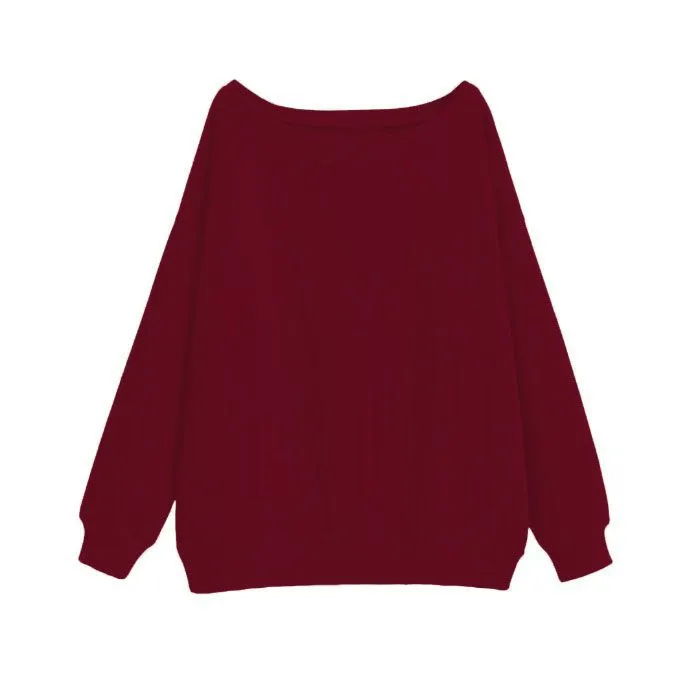 Women's Off-Shoulder Long Sleeve Sweater Top - Solid Color Lazy Style Knit Pullover for Autumn/Winter Fashion thumbnail 8