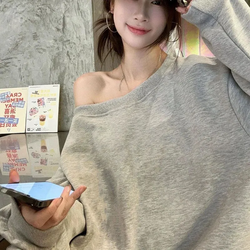 Women's Off-Shoulder Long Sleeve Sweater Top - Solid Color Lazy Style Knit Pullover for Autumn/Winter Fashion thumbnail 3