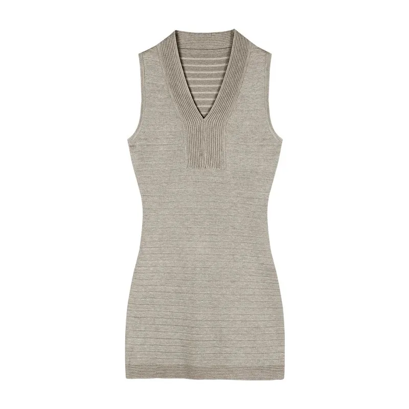 Women's V-Neck Sleeveless Knit Mini Dress - Sexy Figure-Hugging Tight Waist Hip Skirt for Summer thumbnail 5