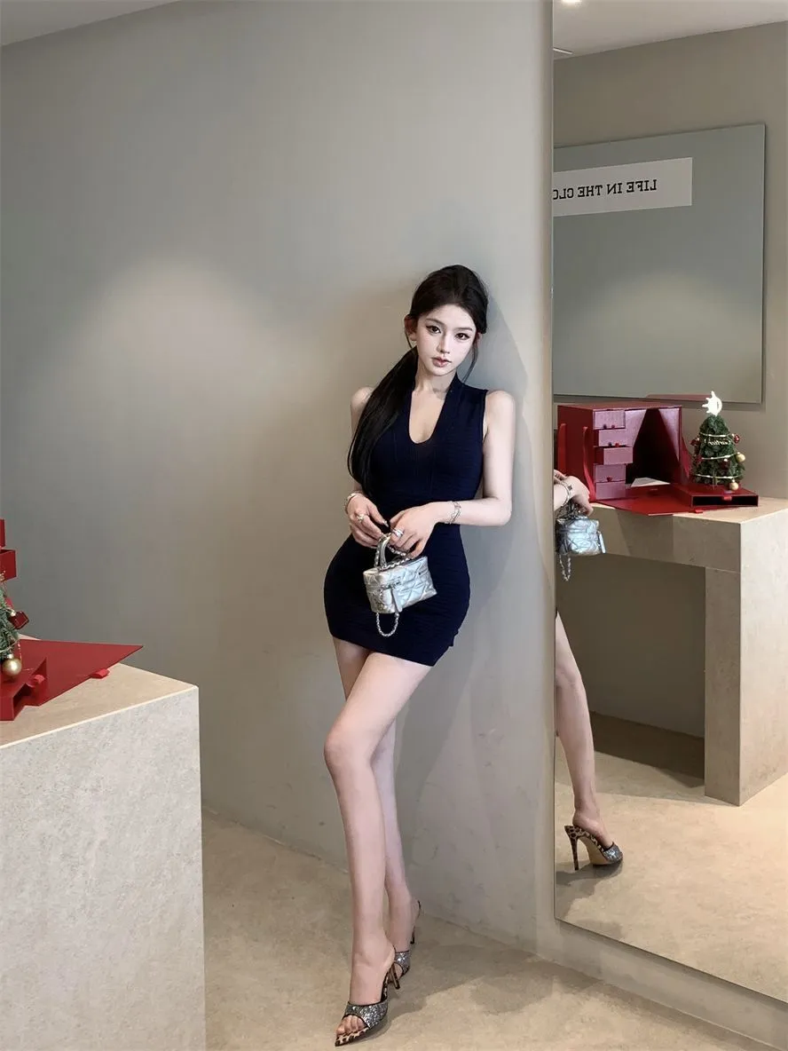 Women's V-Neck Sleeveless Knit Mini Dress - Sexy Figure-Hugging Tight Waist Hip Skirt for Summer showcase 17