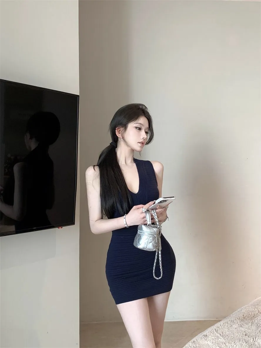 Women's V-Neck Sleeveless Knit Mini Dress - Sexy Figure-Hugging Tight Waist Hip Skirt for Summer showcase 20