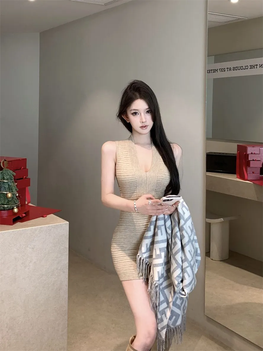 Women's V-Neck Sleeveless Knit Mini Dress - Sexy Figure-Hugging Tight Waist Hip Skirt for Summer showcase 7