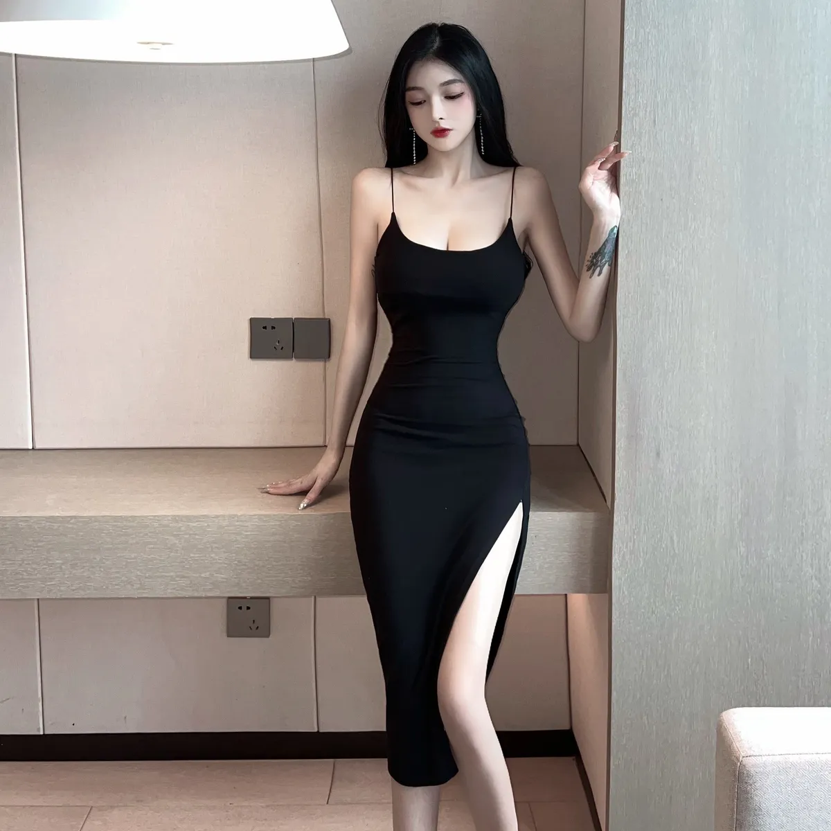 Women's Solid Color Sexy Slit Suspender Dress - Summer 2025 Slimming Mid-Length Hip Skirt for Fashionable Ghanaian Ladies showcase 8