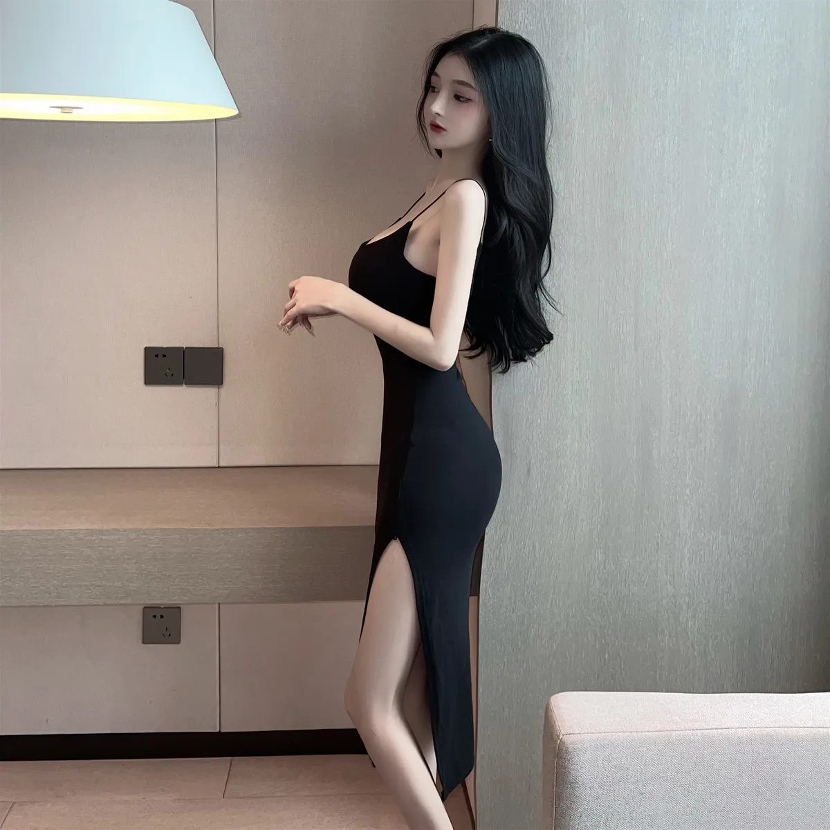 Women's Solid Color Sexy Slit Suspender Dress - Summer 2025 Slimming Mid-Length Hip Skirt for Fashionable Ghanaian Ladies showcase 9