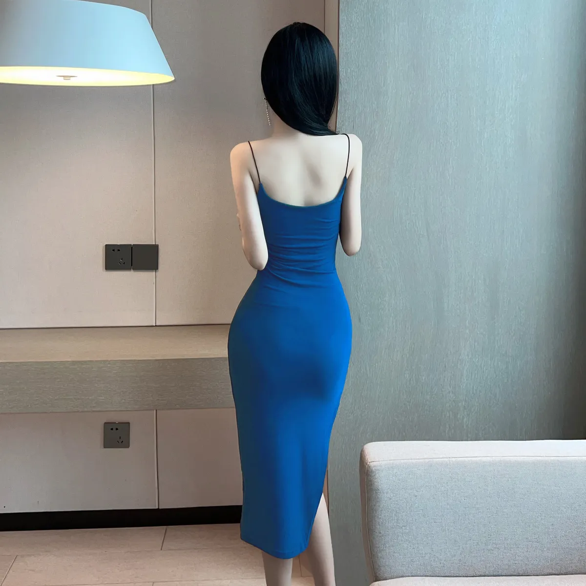Women's Solid Color Sexy Slit Suspender Dress - Summer 2025 Slimming Mid-Length Hip Skirt for Fashionable Ghanaian Ladies showcase 4