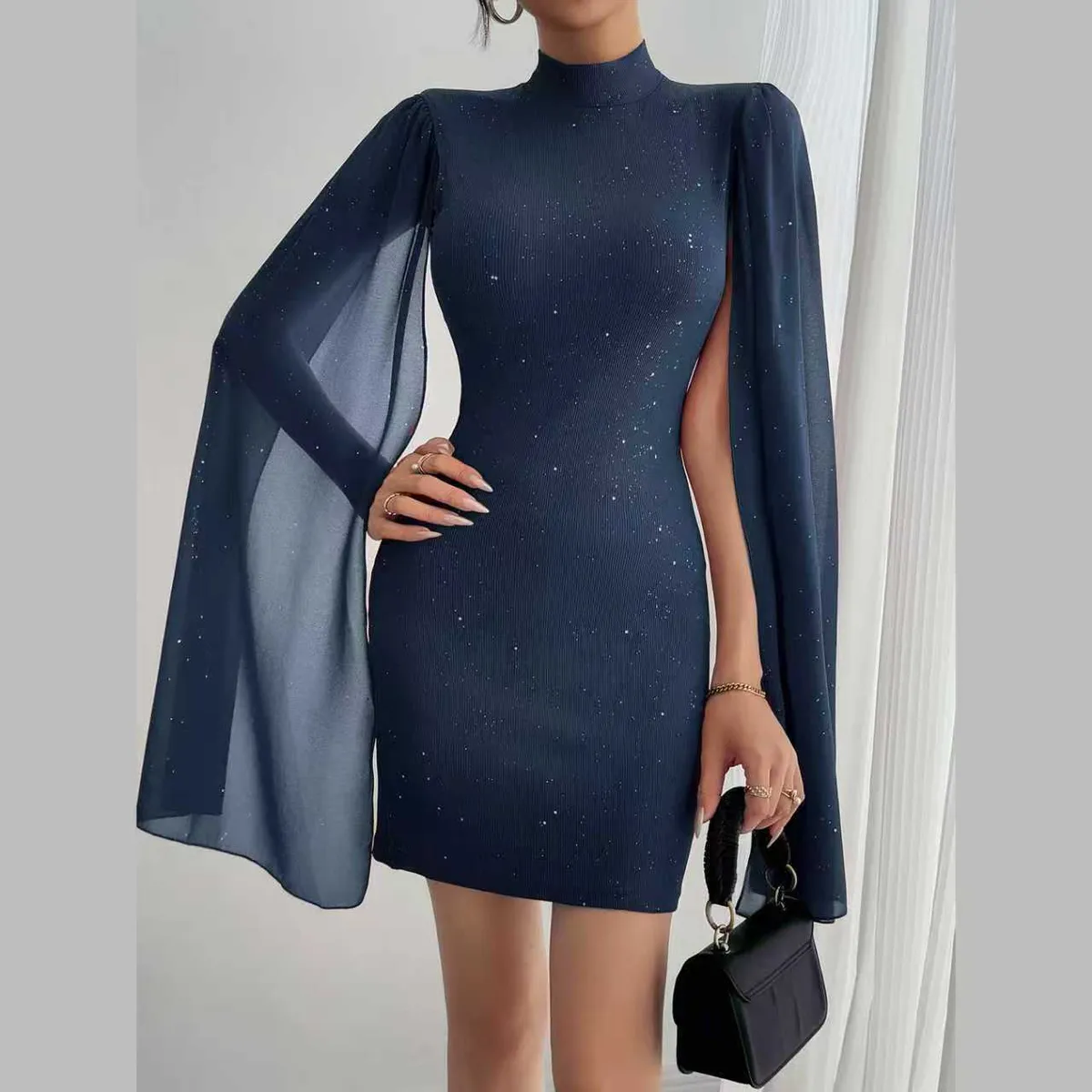 Elegant Women's Round Neck Pit Pearl Chiffon Cape Hip Dress - Stylish European & American Fashion for Any Occasion showcase 8