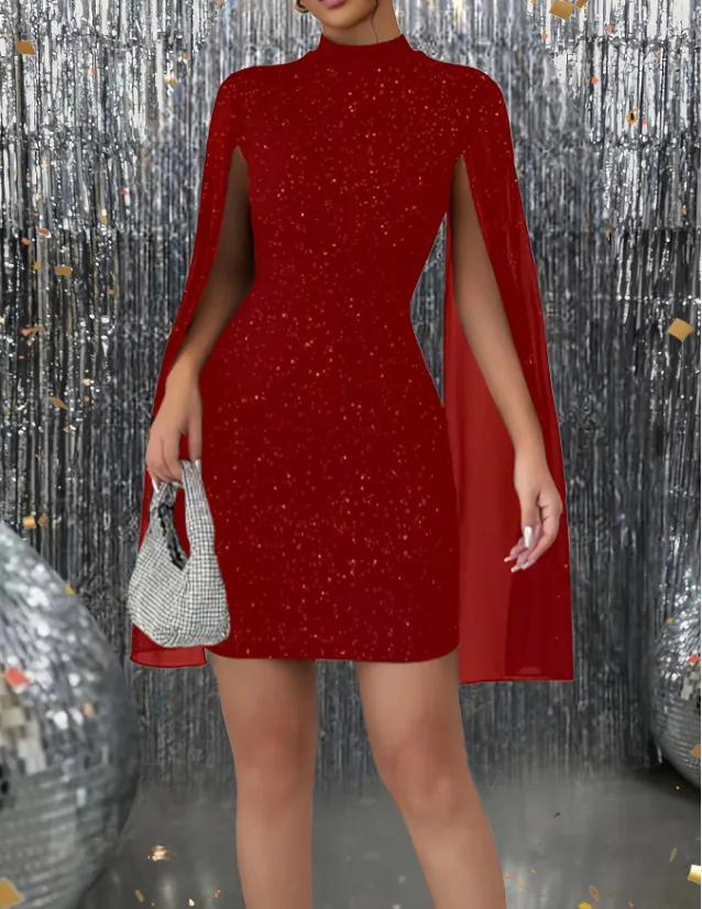 Elegant Women's Round Neck Pit Pearl Chiffon Cape Hip Dress - Stylish European & American Fashion for Any Occasion thumbnail 6
