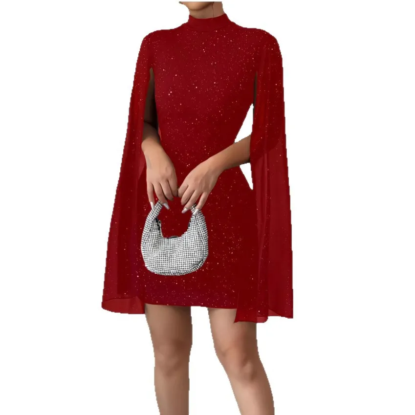 Elegant Women's Round Neck Pit Pearl Chiffon Cape Hip Dress - Stylish European & American Fashion for Any Occasion thumbnail 5