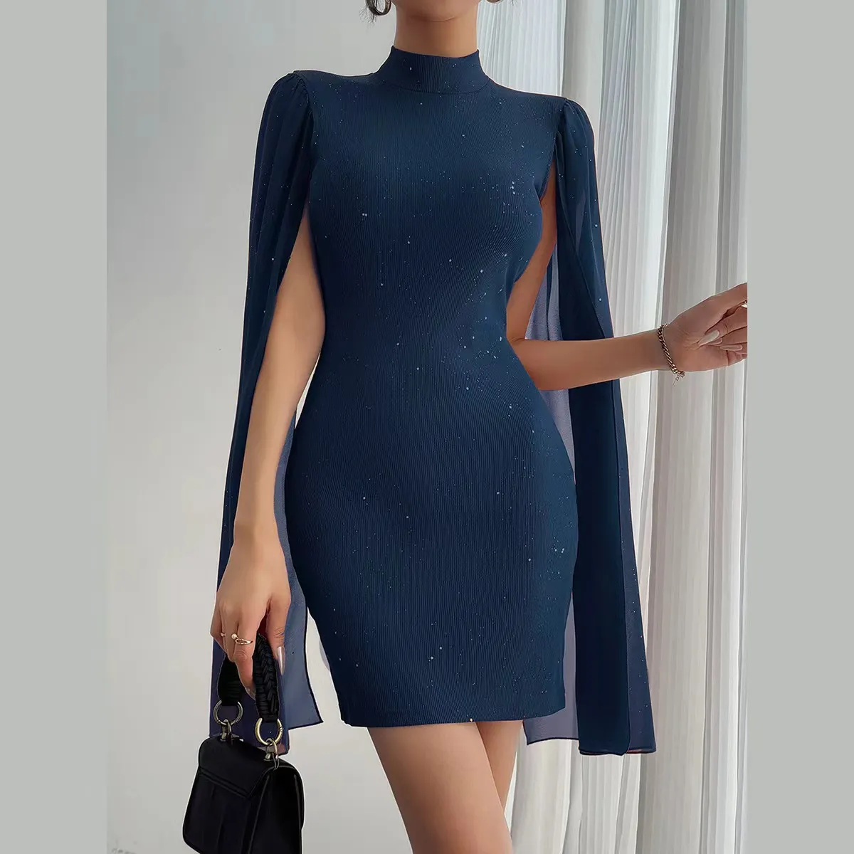 Elegant Women's Round Neck Pit Pearl Chiffon Cape Hip Dress - Stylish European & American Fashion for Any Occasion showcase 9