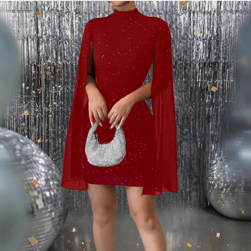 Elegant Women's Round Neck Pit Pearl Chiffon Cape Hip Dress - Stylish European & American Fashion for Any Occasion thumbnail 3