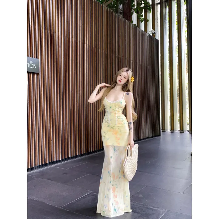 Women's Summer Floral Strappy Backless Maxi Dress, Vacation Style Suspender Skirt, Elegant Hip-Covering Fish Tail Design for Beach Parties thumbnail 6