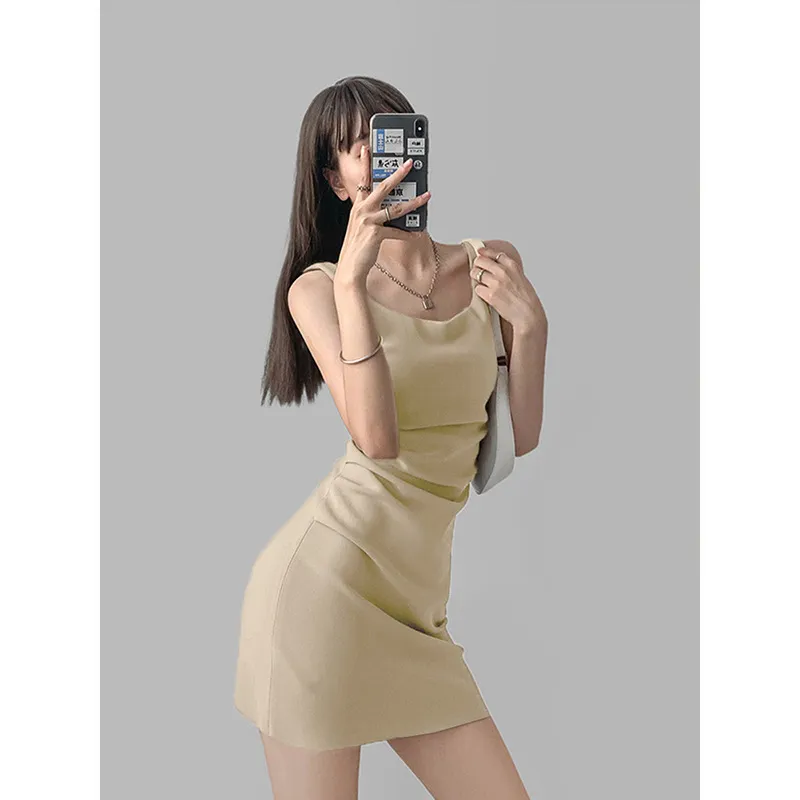2025 Summer New Hot Girl Irregular Pleated Square Collar Suspender Dress - Chic Cotton Hip Skirt for Fashionable Women thumbnail 2