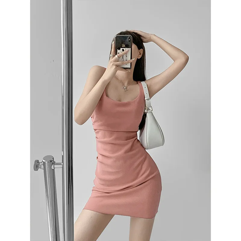 2025 Summer New Hot Girl Irregular Pleated Square Collar Suspender Dress - Chic Cotton Hip Skirt for Fashionable Women thumbnail 1