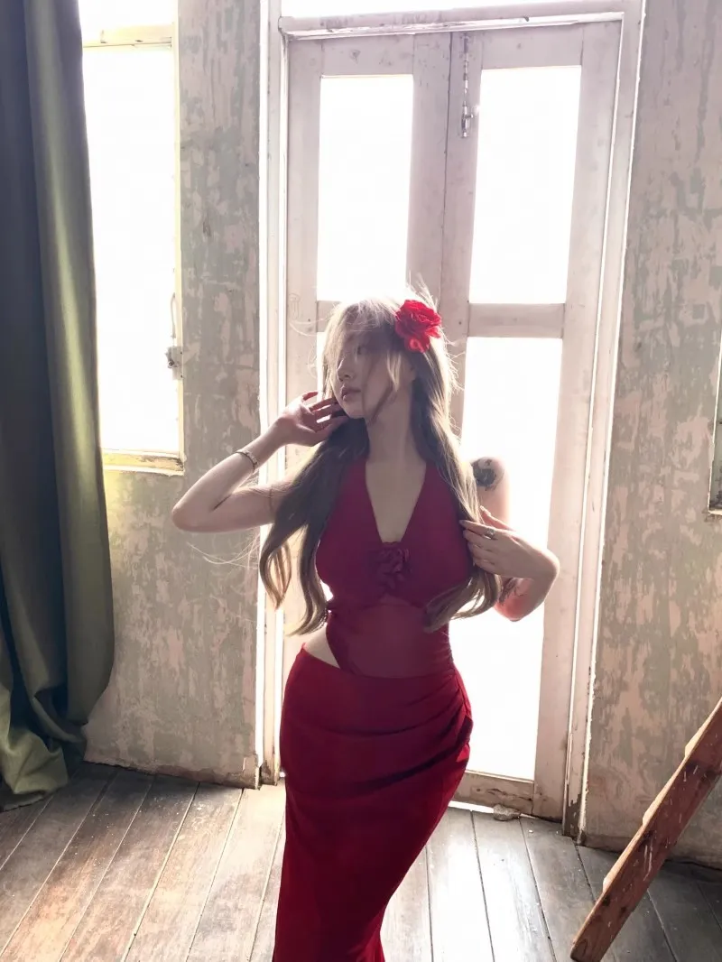 Elegant Red Mesh Halterneck Suspender Dress for Women - Sexy V-Neck Hip-Hugging Long Skirt for Summer Evenings showcase 11