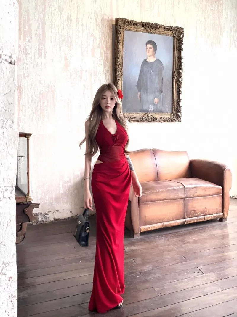 Elegant Red Mesh Halterneck Suspender Dress for Women - Sexy V-Neck Hip-Hugging Long Skirt for Summer Evenings - Image 1