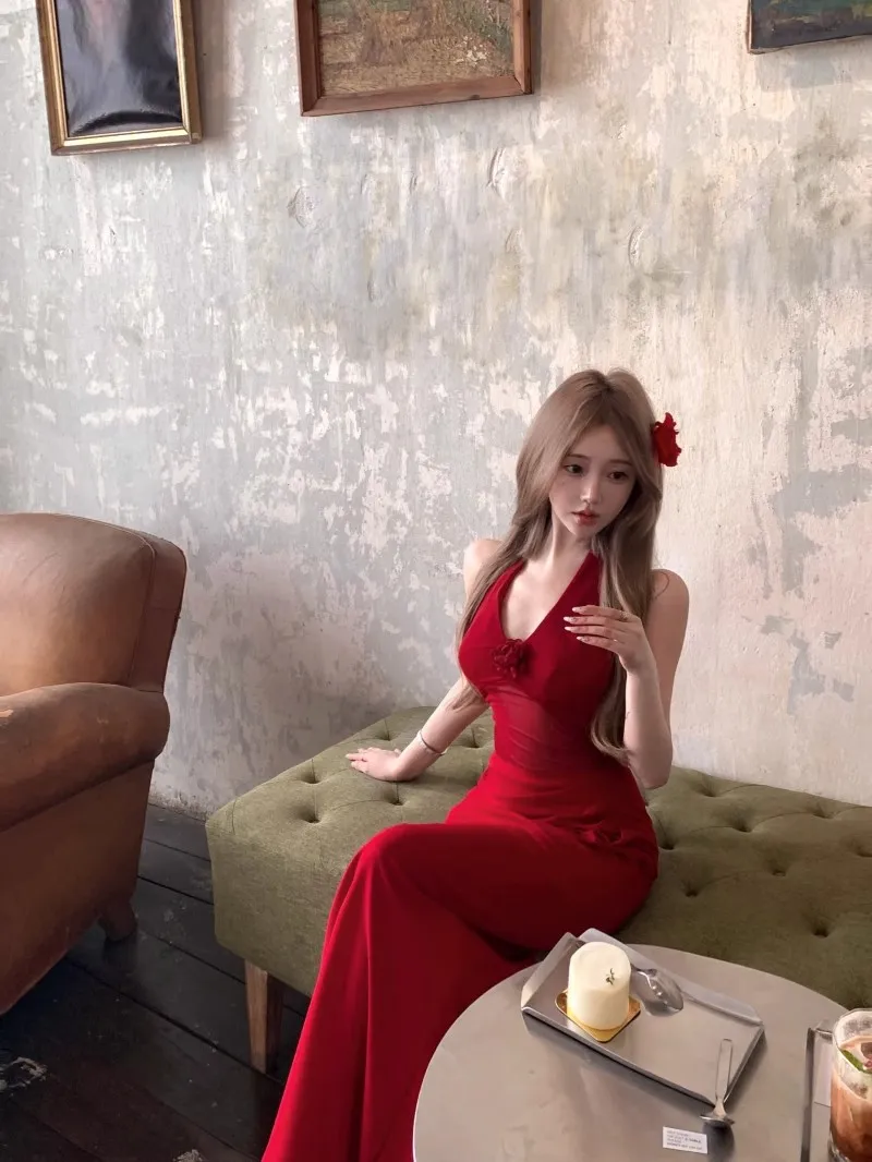 Elegant Red Mesh Halterneck Suspender Dress for Women - Sexy V-Neck Hip-Hugging Long Skirt for Summer Evenings showcase 12
