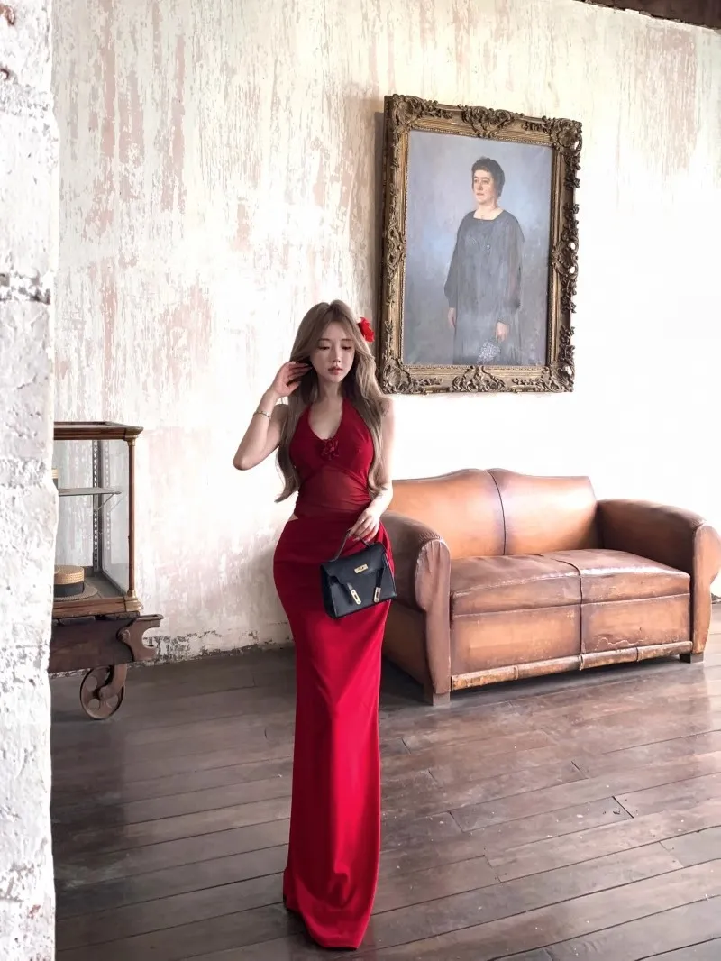 Elegant Red Mesh Halterneck Suspender Dress for Women - Sexy V-Neck Hip-Hugging Long Skirt for Summer Evenings showcase 7