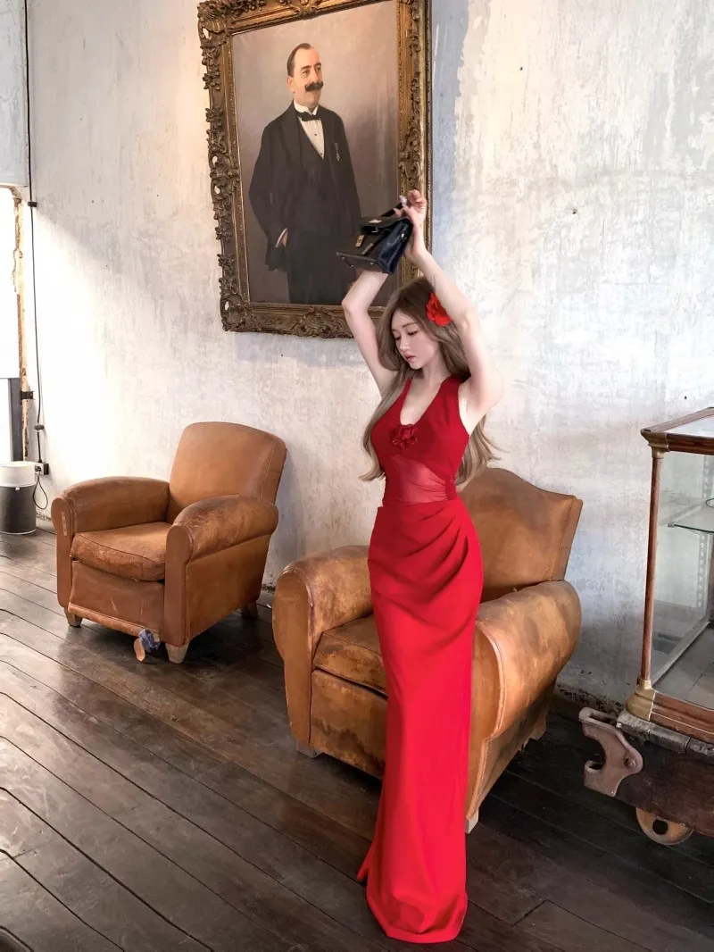 Elegant Red Mesh Halterneck Suspender Dress for Women - Sexy V-Neck Hip-Hugging Long Skirt for Summer Evenings showcase 9