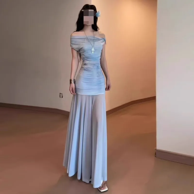 Elegant Blue Mesh One-Shoulder Maxi Dress for Women - Slim Fit Fishtail Skirt, Perfect for Summer Seaside Vacations and Evening Events showcase 9