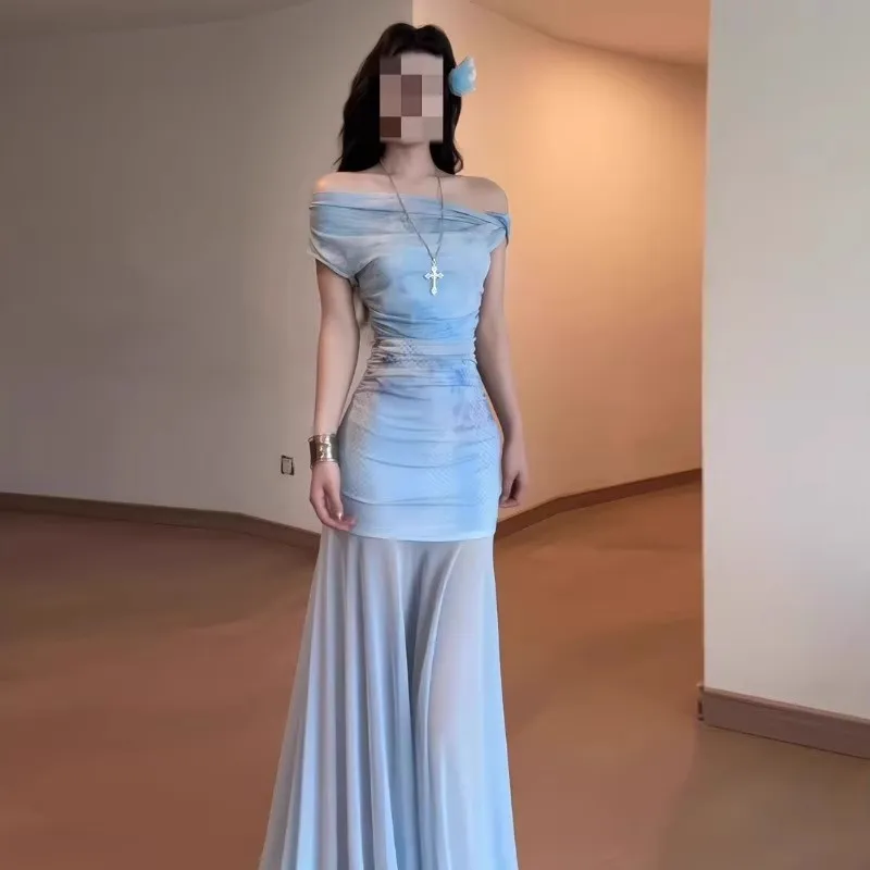 Elegant Blue Mesh One-Shoulder Maxi Dress for Women - Slim Fit Fishtail Skirt, Perfect for Summer Seaside Vacations and Evening Events thumbnail 3