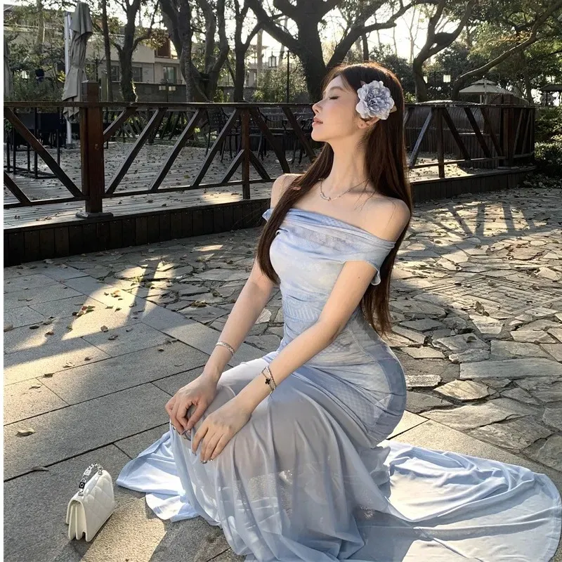 Elegant Blue Mesh One-Shoulder Maxi Dress for Women - Slim Fit Fishtail Skirt, Perfect for Summer Seaside Vacations and Evening Events showcase 4