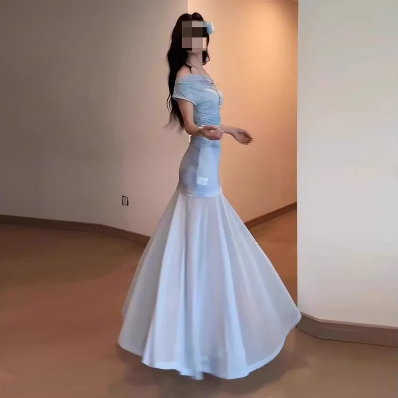 Elegant Blue Mesh One-Shoulder Maxi Dress for Women - Slim Fit Fishtail Skirt, Perfect for Summer Seaside Vacations and Evening Events thumbnail 2