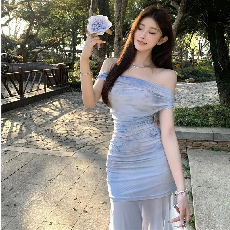 Elegant Blue Mesh One-Shoulder Maxi Dress for Women - Slim Fit Fishtail Skirt, Perfect for Summer Seaside Vacations and Evening Events showcase 7