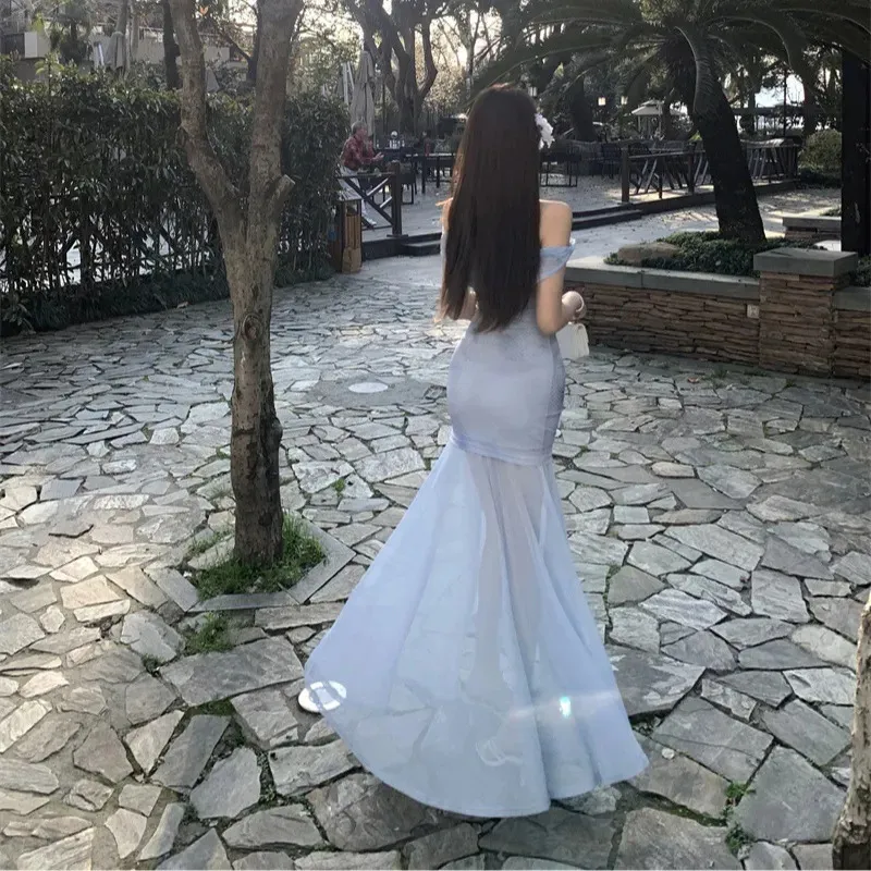 Elegant Blue Mesh One-Shoulder Maxi Dress for Women - Slim Fit Fishtail Skirt, Perfect for Summer Seaside Vacations and Evening Events showcase 8