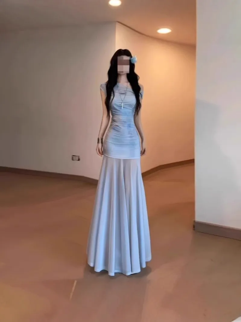 Elegant Blue Mesh One-Shoulder Maxi Dress for Women - Slim Fit Fishtail Skirt, Perfect for Summer Seaside Vacations and Evening Events thumbnail 6