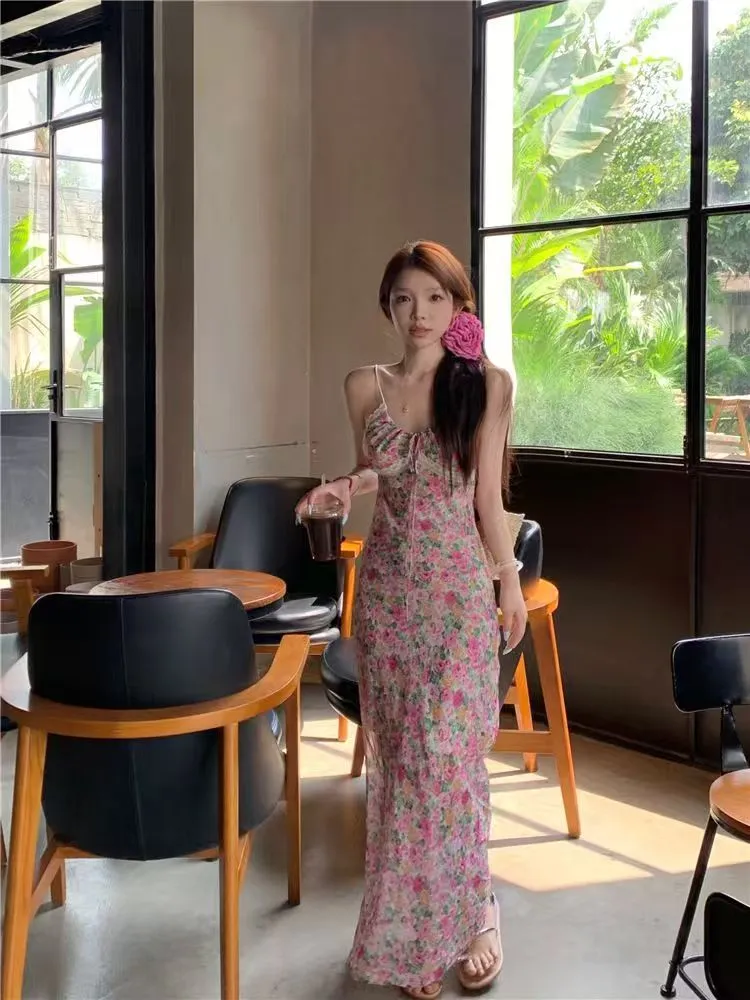 Elegant French Style Pink Floral Sling Dress for Women - Summer Waist Hip Skirt, Perfect for Seaside Holidays and Evening Wear showcase 18