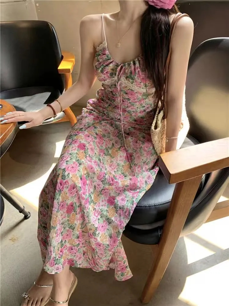 Elegant French Style Pink Floral Sling Dress for Women - Summer Waist Hip Skirt, Perfect for Seaside Holidays and Evening Wear showcase 14